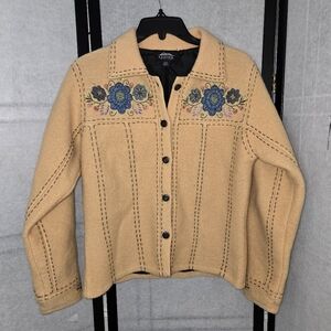 Icelandic Design Yellow Floral Wool Embroidered Shacket Jacket Size Small Boho
